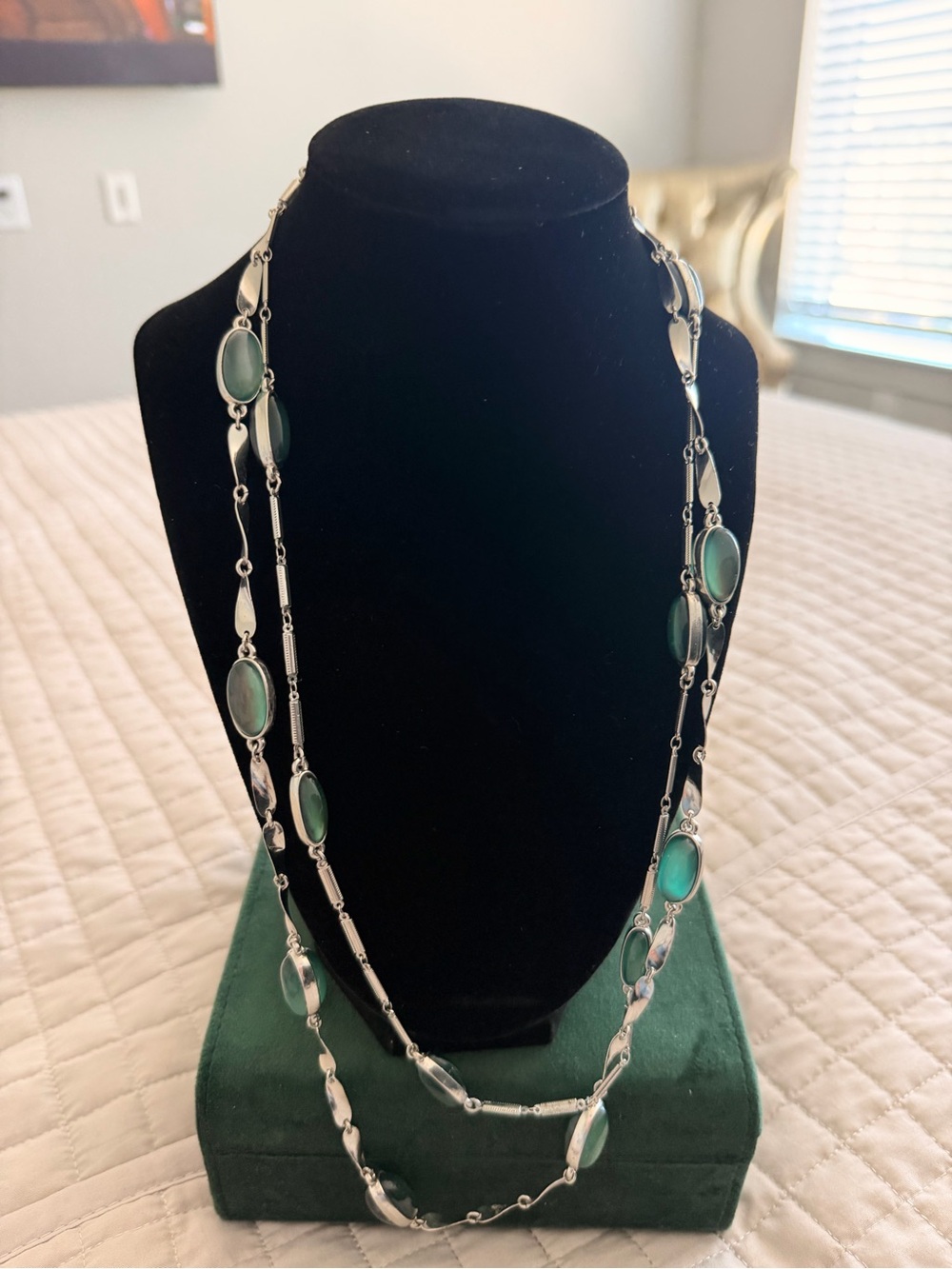 Coleman Silver Station Necklace with Green Glass Ovals